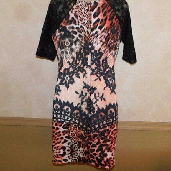VENUS Sexy Leopard Lace Dress Stretch BodyCon Sheer Sleeve sz M - Picture 5 of 6